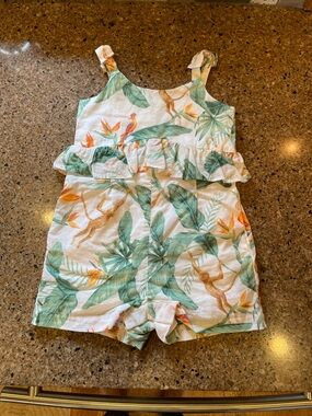 Janie and Jack Tropical Leaf & Bird Romper in White, Green and Orange